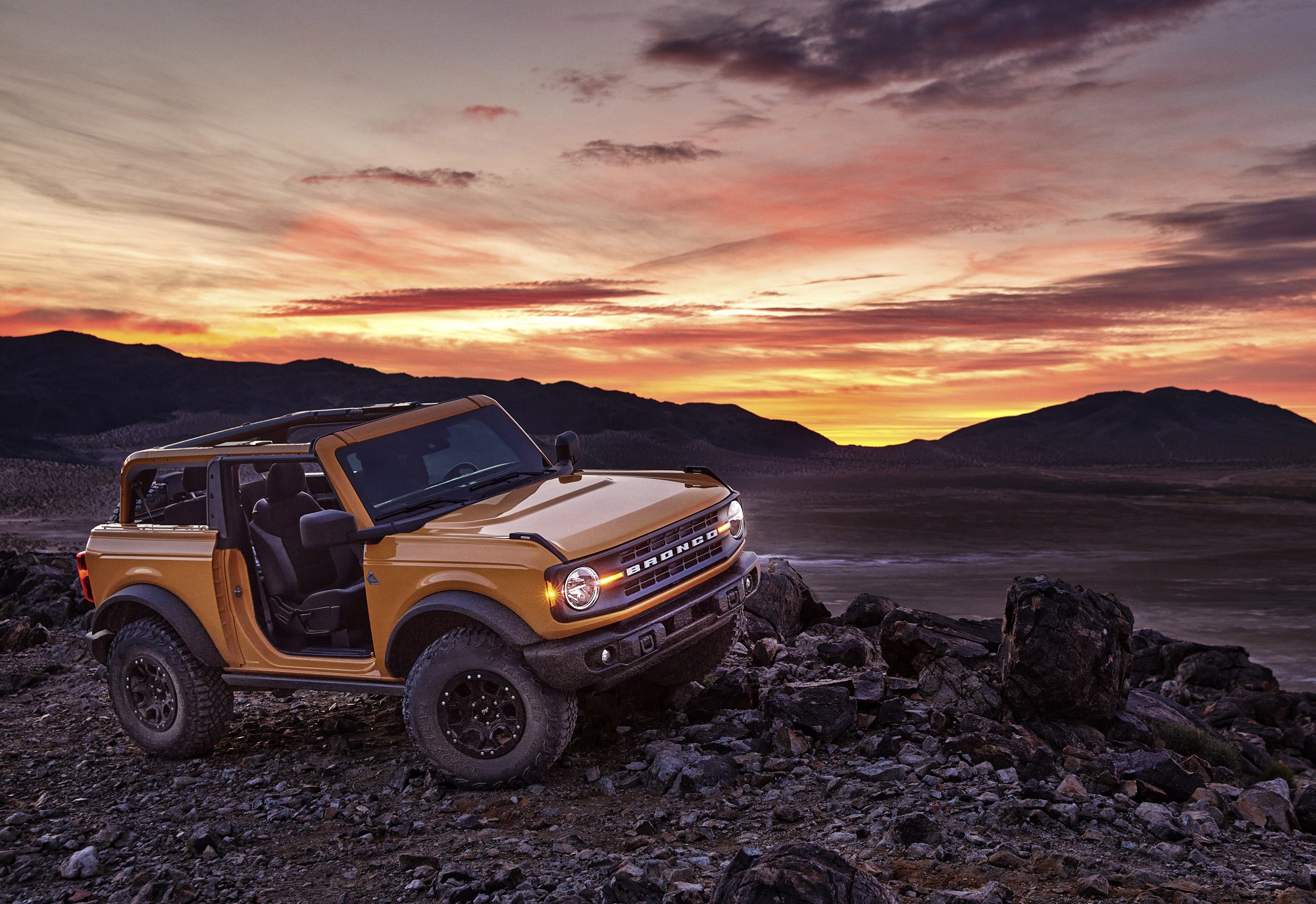 Pre-production 2021 two-door Bronco Black Diamond series in Cyber Orange Metallic Tri-Coat with available Sasquatch™ off-road package.