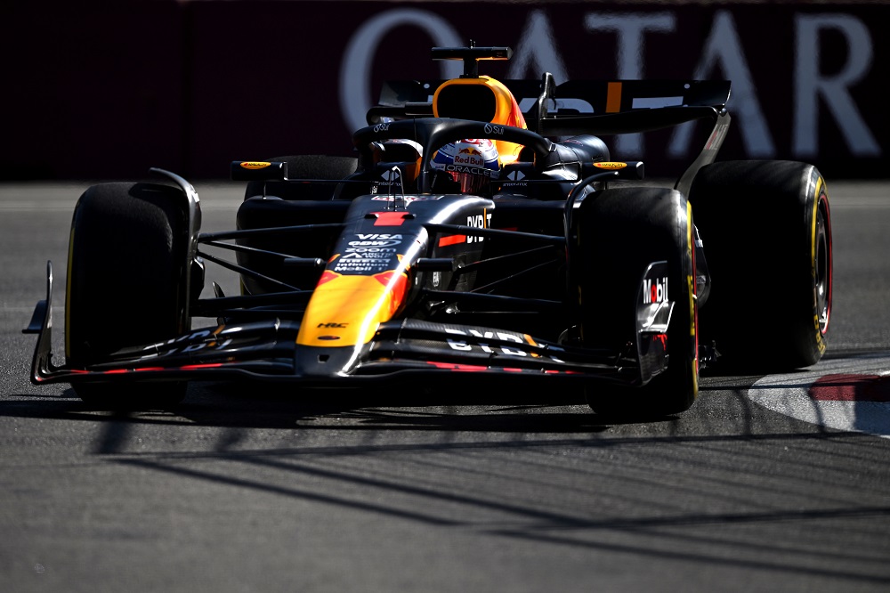 BAKU, AZERBAIJAN - SEPTEMBER 15: Max Verstappen of the Netherlands driving the (1) Oracle Red Bull Racing RB20 on track during the F1 Grand Prix of Azerbaijan at Baku City Circuit on September 15, 2024 in Baku, Azerbaijan. (Photo by Rudy Carezzevoli/Getty Images) // Getty Images / Red Bull Content Pool // SI202409150228 // Usage for editorial use only //