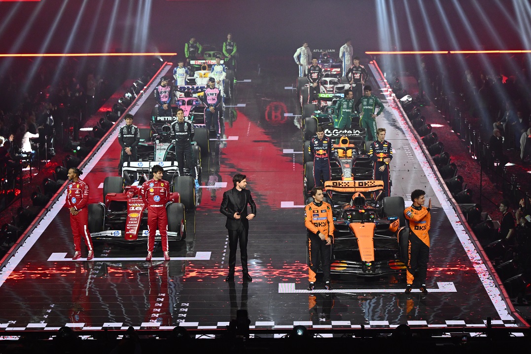 LONDON, ENGLAND - FEBRUARY 18: The 2025 drivers and their cars on stage with Jack Whitehall during F1 75 Live at The O2 Arena on February 18, 2025 in London, England. (Photo by Clive Mason - Formula 1/Formula 1 via Getty Images)