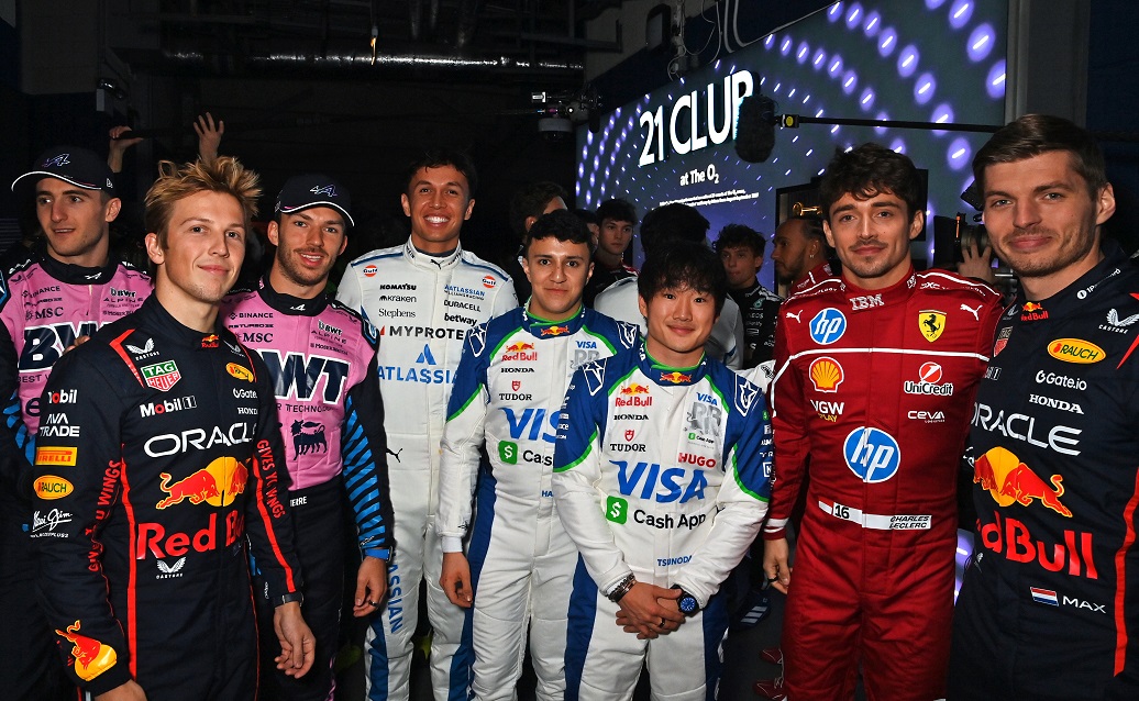 LONDON, ENGLAND - FEBRUARY 18: (L to R) Jack Doohan of Australia and Alpine F1, Liam Lawson of New Zealand and Oracle Red Bull Racing, Pierre Gasly of France and Alpine F1, Alexander Albon of Thailand and Williams, Isack Hadjar of France and Visa Cash App Racing Bulls, Yuki Tsunoda of Japan and Visa Cash App Racing Bulls, Lewis Hamilton, Charles Leclerc of Monaco and Scuderia Ferrari and Red Bull racing driver Max Verstappen are seen backstage during F1 75 Live at The O2 Arena on February 18, 2025 in London, England. (Photo by Dave Benett - Formula 1/Formula 1 via Getty Images)