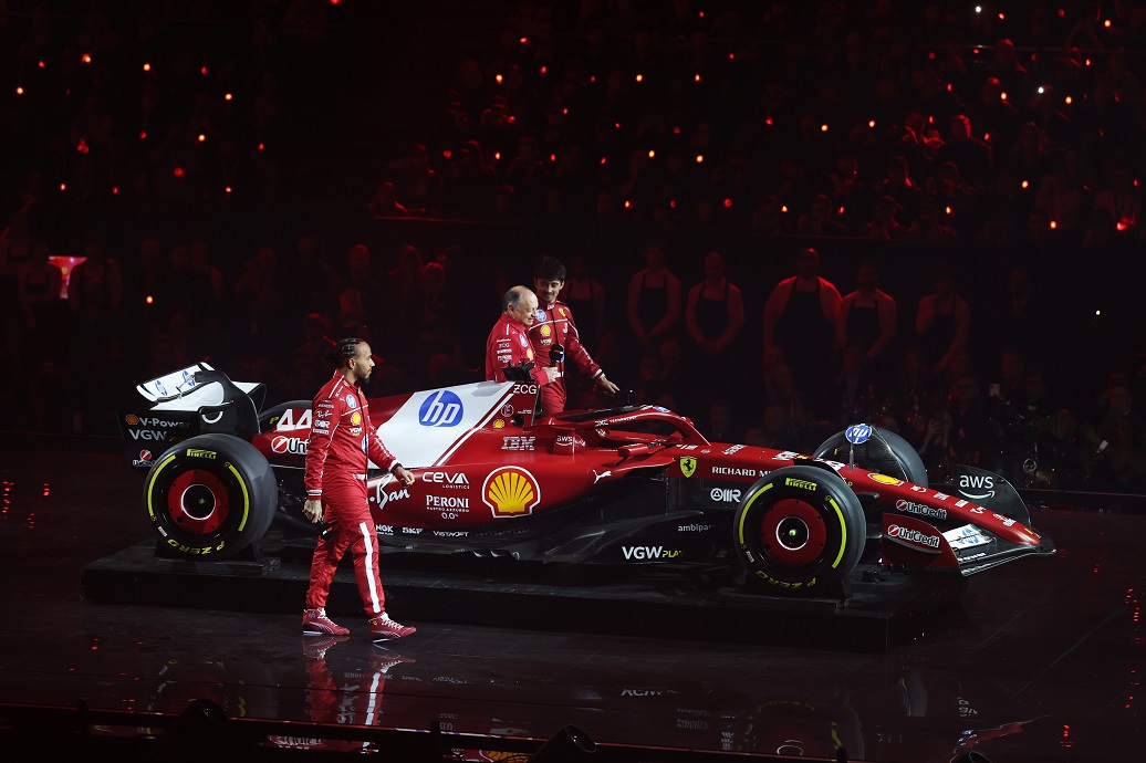 LONDON, ENGLAND - FEBRUARY 18: Lewis Hamilton of Great Britain and Scuderia Ferrari Frederic Vasseur, Team Principal of Scuderia Ferrari Charles Leclerc of Monaco and Scuderia Ferrari team livery presentation during F1 75 Live at The O2 Arena on February 18, 2025 in London, England. (Photo by Mark Thompson - Formula 1/Formula 1 via Getty Images)
