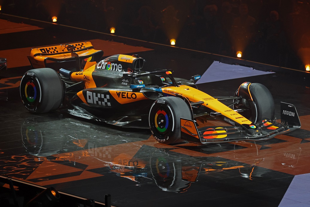LONDON, ENGLAND - FEBRUARY 18: The McLaren is presented during F1 75 Live at The O2 Arena on February 18, 2025 in London, England. (Photo by Clive Rose - Formula 1/Formula 1 via Getty Images)