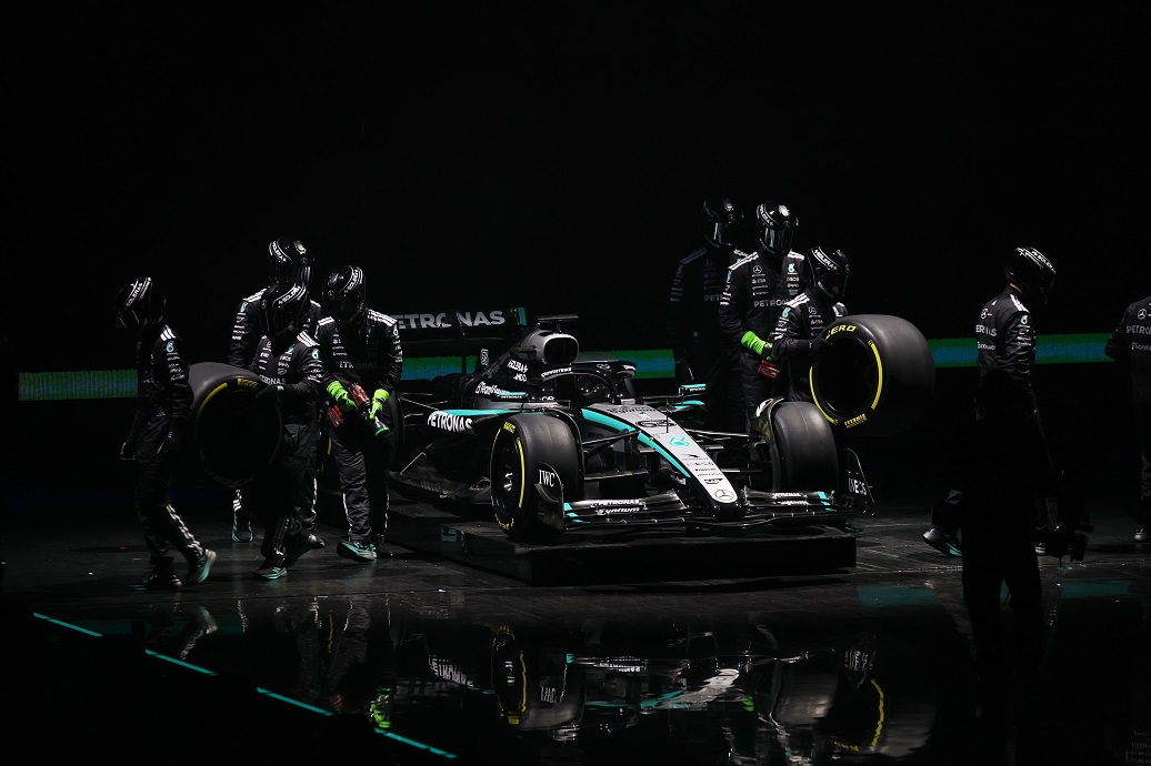 LONDON, ENGLAND - FEBRUARY 18: The Mercedes AMG Petronas F1 Team is presented during F1 75 Live at The O2 Arena on February 18, 2025 in London, England. (Photo by Clive Rose - Formula 1/Formula 1 via Getty Images)
