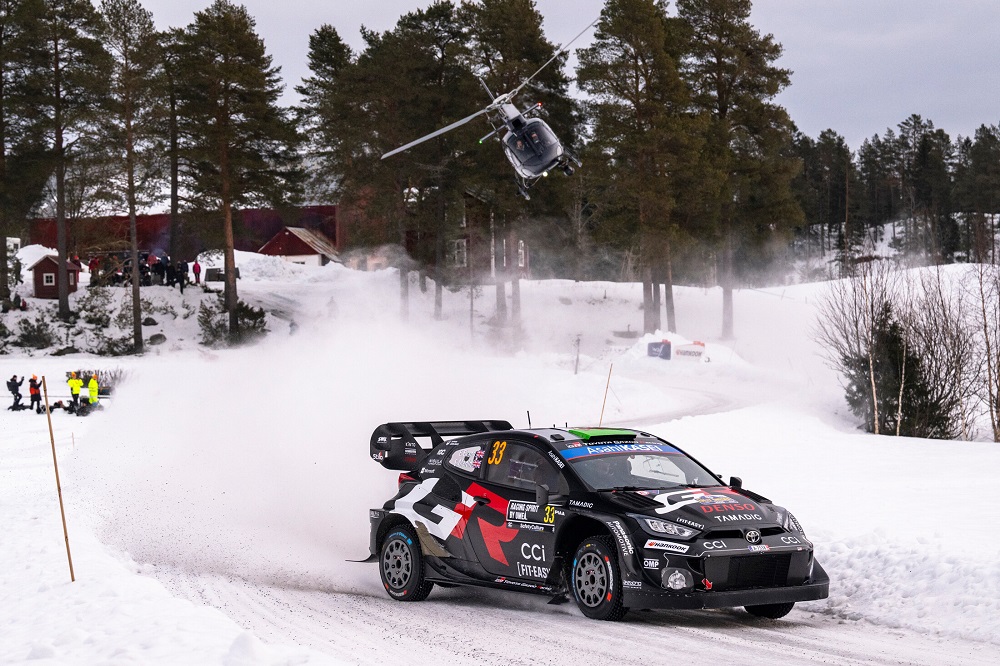 Elfyn Evans (GB) Scott Martin (GB) Of team TOYOTA GAZOO RACING WRT are seen performing during the World Rally Championship Sweden in Umea, Sweden on 14,February. 2025 // Jaanus Ree / Red Bull Content Pool // SI202502140346 // Usage for editorial use only //