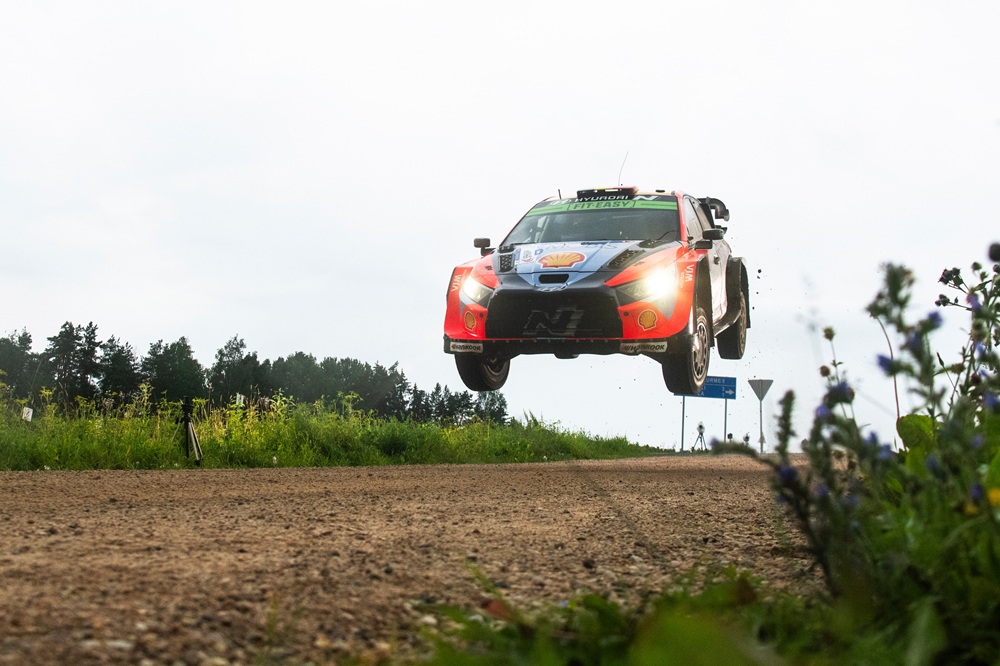 Adrien Fourmaux of France and Alexandre Coria of France and of Hyundai Shell Mobis World Rally Team perform during the World Rally Championship in Tartu, Estonia on July 20, 2025 // Jaanus Ree / Red Bull Content Pool // SI202507200060 // Usage for editorial use only //